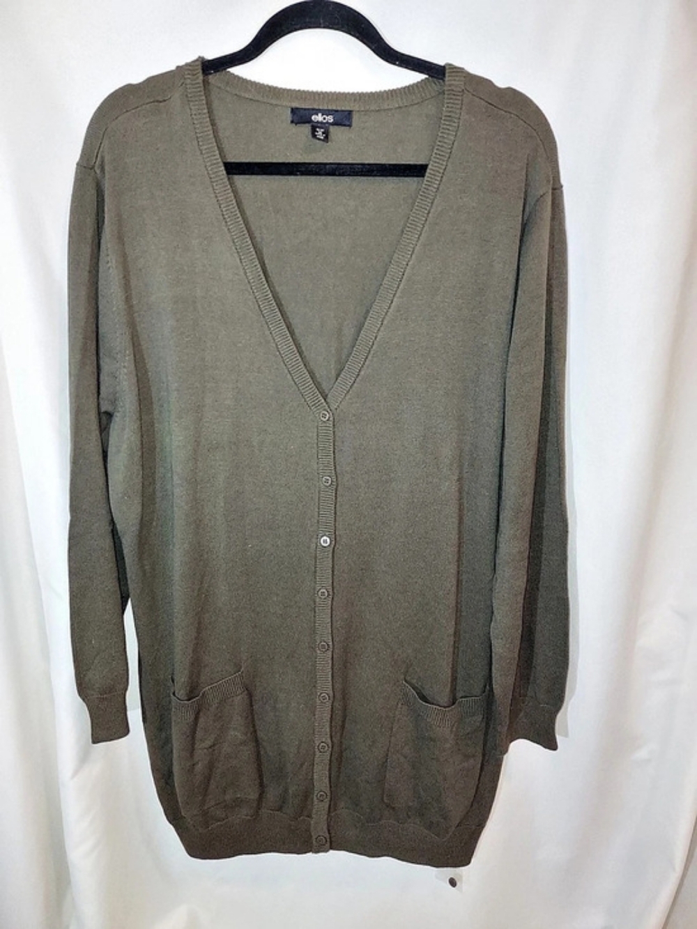 Ellos Olive Green Cotton V-Neck Button Front Boyfriend Cardigan Sweater 1X
